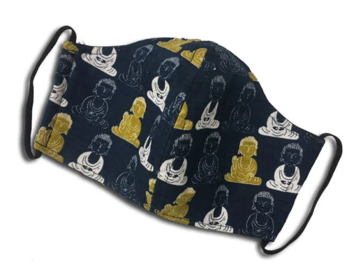 Masque De Protection Tissu Japonais - Bouddhas Sur Fond Indigo